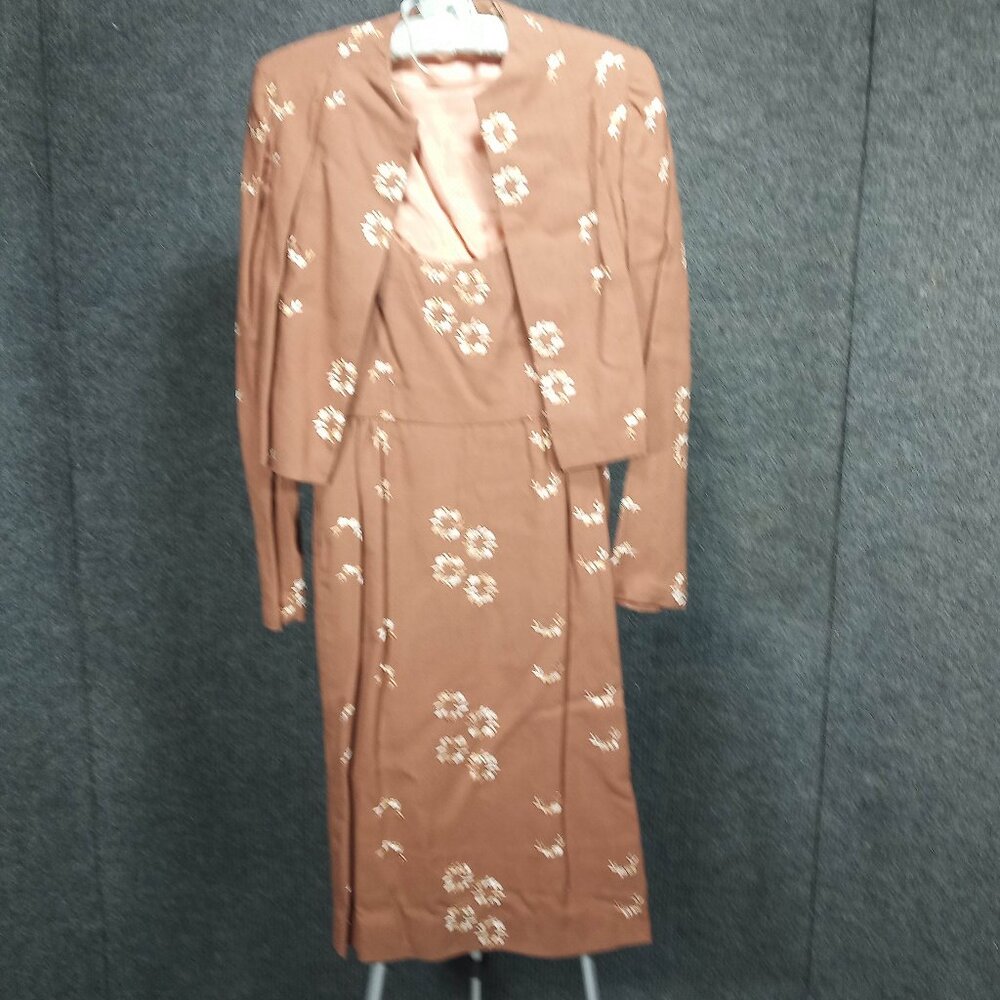1950's Vintage Brown Embroidered Flower Linen Wiggle Dress with Short Coat